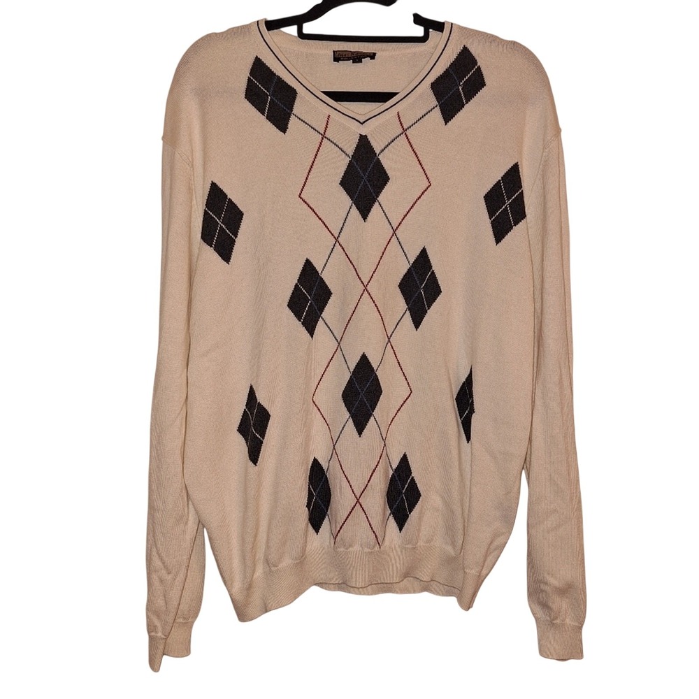 Leno Romano‎ Collection Mens Argyle V-Neck Sweater Cream Cotton Silk Cashmere L